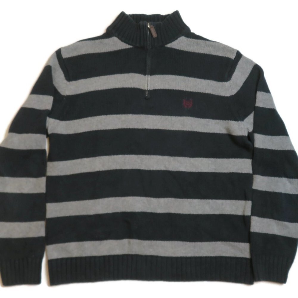 Chaps‎ Knit Pullover Sweater 1/4 Zip Mens Medium Blue Gray Striped Cotton